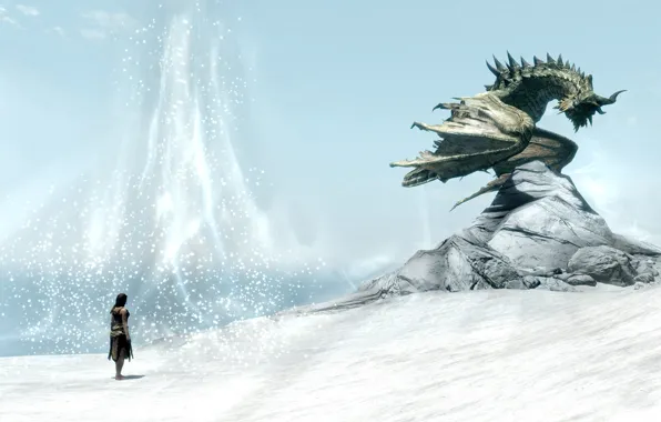 Зима, девушка, снег, скала, дракон, Skyrim, The Elder Scrolls V