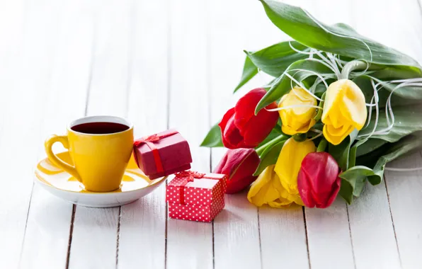 Картинка цветы, подарок, букет, colorful, тюльпаны, flowers, tulips, coffee cup