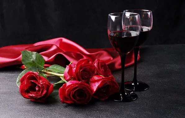 Картинка вино, романтика, розы, бокалы, красные, 8 марта