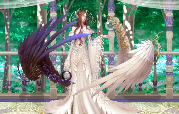 Девушка, деревья, black & white, эльф, крылья, ангел, перила, колонны