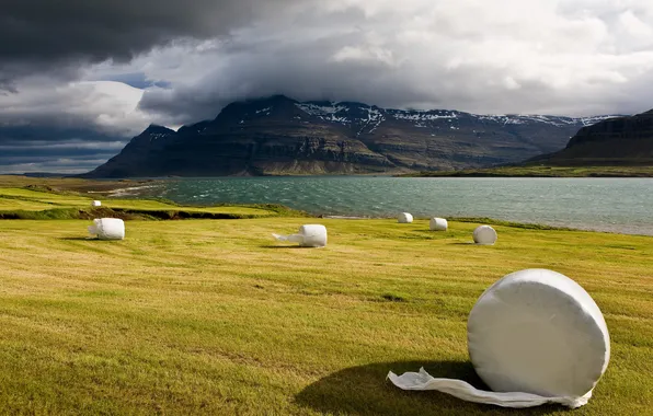 Картинка поле, облака, скалы, сено, сергей доля, исландия