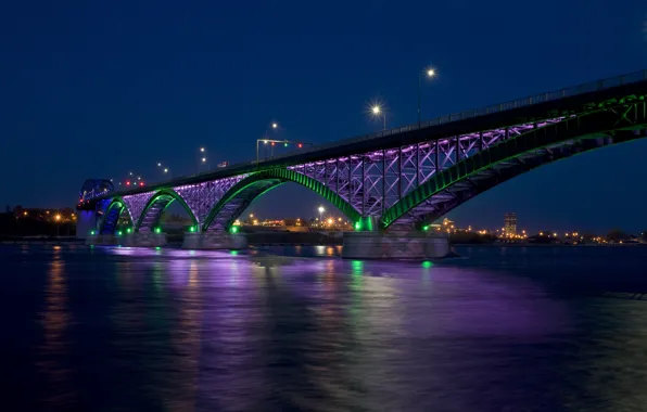 Ночь, мост, город, огни, залив, Peace bridge