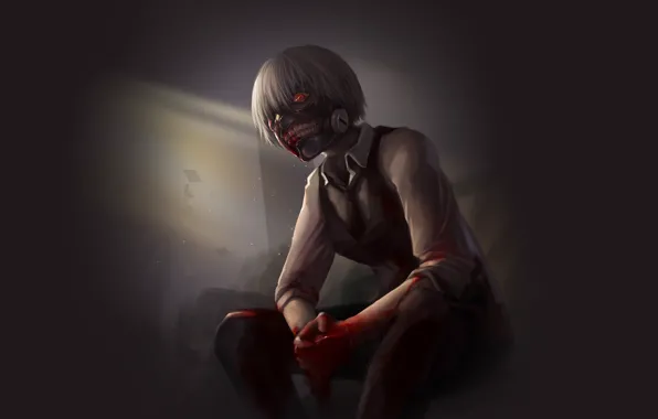 Картинка взгляд, кровь, аниме, маска, белые волосы, anime, красный глаз, Tokyo Ghoul