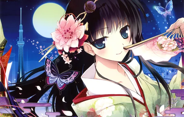 Картинка девушка, бабочки, ночь, веер, арт, кимоно, karory