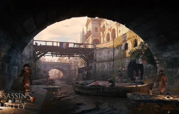 Картинка город, улица, лодка, канал, Assassin’s Creed Unity