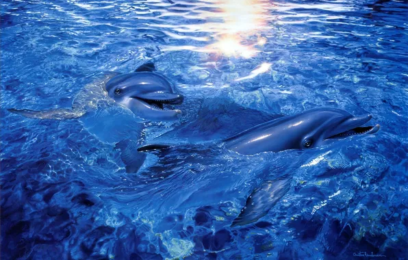 Картинка море, вода, арт, дельфины, Christian Riese Lassen