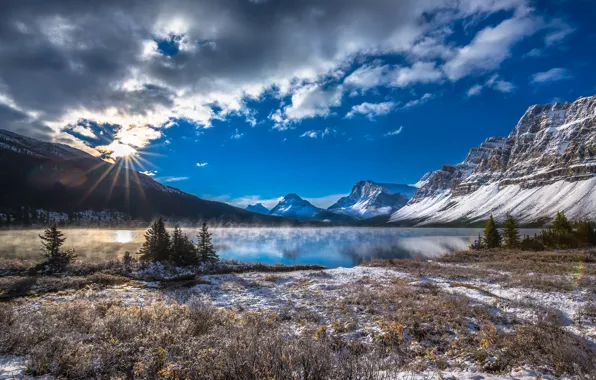 Облака, снег, горы, озеро, Канада, Альберта, Banff National Park, Alberta