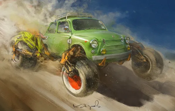 Car, sand, ZAZ, digital art, artwork, fantasy art, monster trucks, green cars