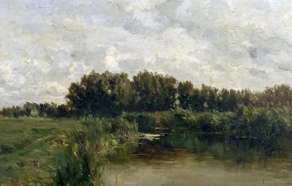 Картинка трава, деревья, пейзаж, природа, картина, Карлос де Хаэс, Озеро во Фрисландии