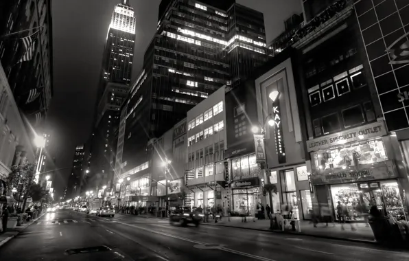 Картинка ночь, city, город, lights, огни, люди, здания, Нью-Йорк