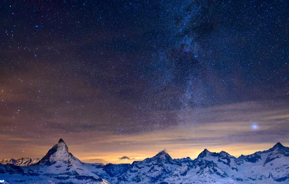 Картинка небо, звезды, горы, ночь, Альпы, млечный путь