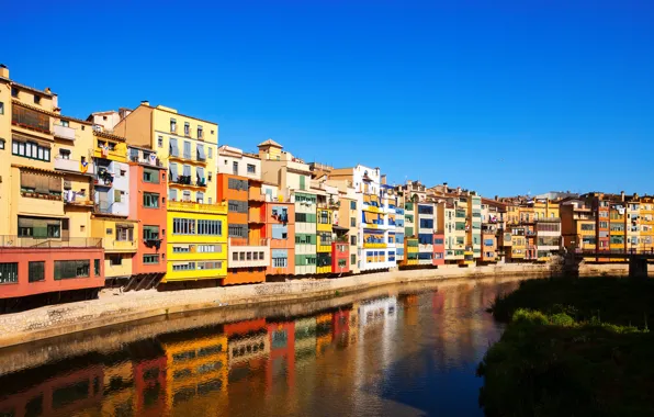 Дома, Река, Испания, Spain, Girona, вид на реку, river Onyar