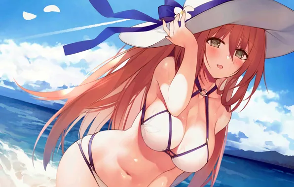 Girl, sexy, cleavage, beach, long hair, sea, boobs, anime