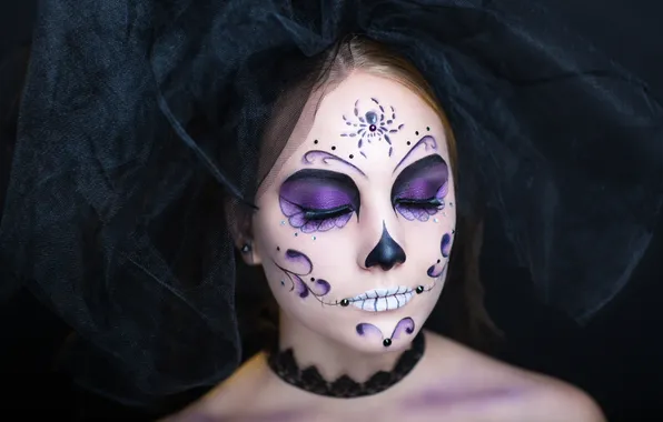Woman, brunette, makeup, day of the dead