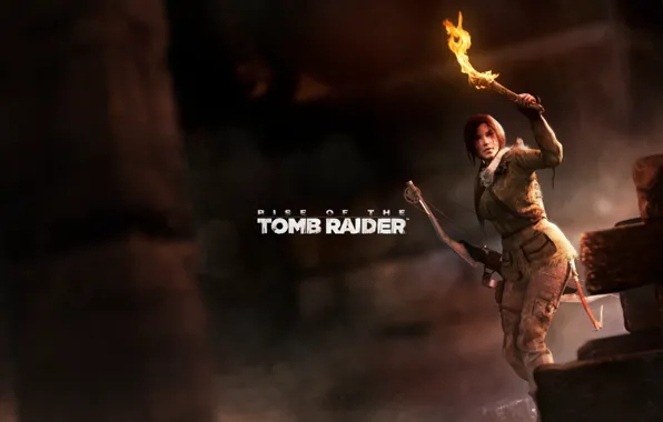 Картинка лук, факел, Tomb Raider, пещера, Lara Croft, Rise of the Tomb Raider