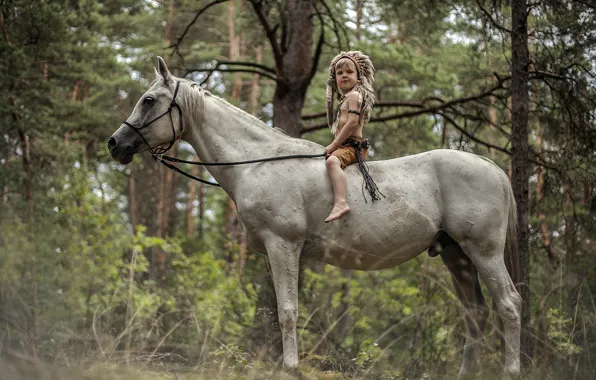Картинка лес, конь, мальчик