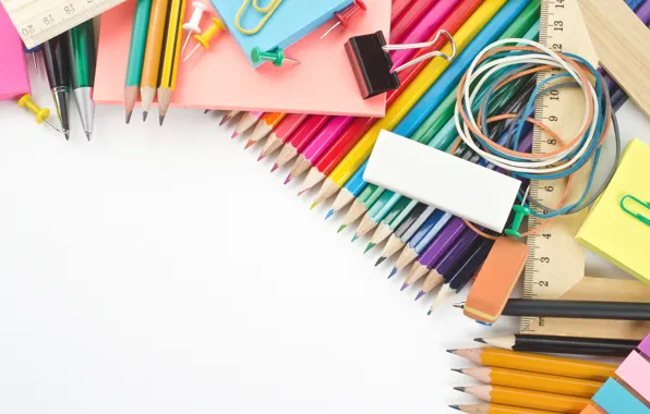 Карандаши, белый фон, ручки, разноцветные, скрепки, ластик, принадлежности, канцелярские
