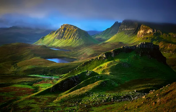 Картинка облака, горы, тучи, скалы, холмы, утро, долина, Шотландия