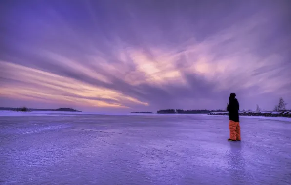 Картинка лед, зима, небо, пейзаж, озеро, вечер, парень, Швеция