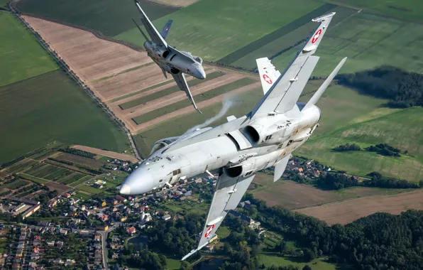 Поле, Дорога, Истребитель, ВВС Швейцарии, F/A-18 Hornet, HESJA Air-Art Photography