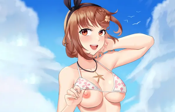 Girl, sexy, cleavage, sky, brown hair, brown eyes, boobs, anime
