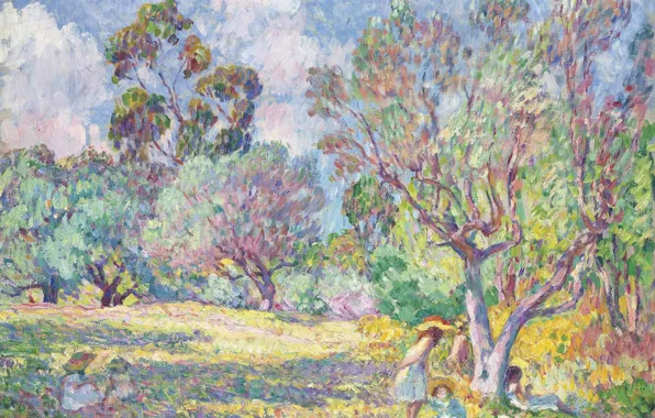 Картинка деревья, краски, картина, жанровая, Анри Лебаск, Дети на поляне