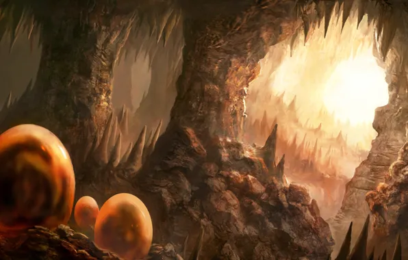 Картинка скалы, яйца, драконы, арт, пещера