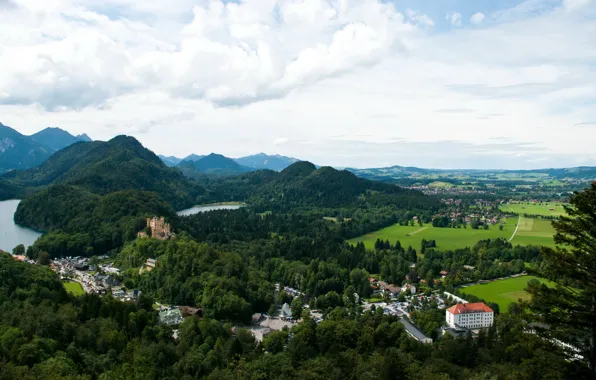 Картинка лес, пейзаж, горы, река, замок, дома, Германия, Бавария