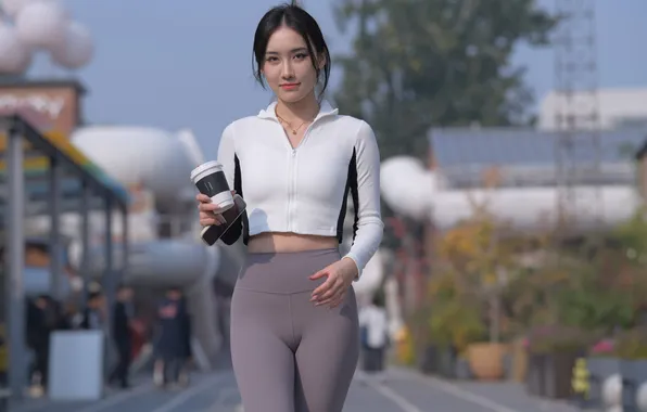 Girl, young, beautiful, model, brunette, asian, leggings, long-haired