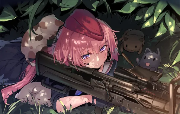 Картинка girl, gun, weapon, neko, cat, animal, sniper, rifle
