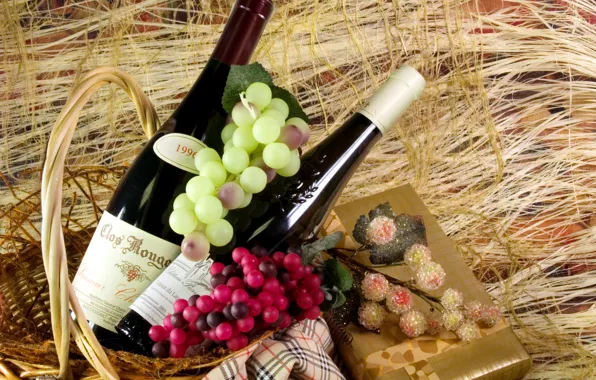 Подарок, вино, корзина, виноград, кашне