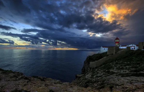 Картинка море, небо, облака, закат, побережье, маяк, бухта, горизонт