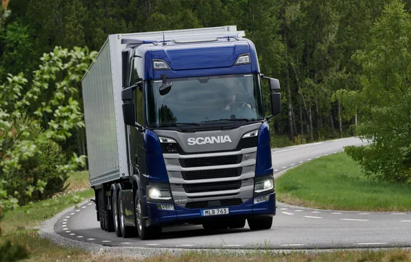 Дорога, синий, Scania, седельный тягач, трёхосный, полуприцеп, 2019, R-series