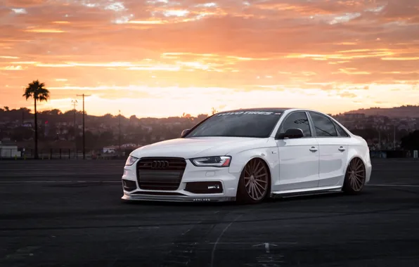 Картинка Audi, Car, Front, Sunset, White, Stance, Vossen, Wheels