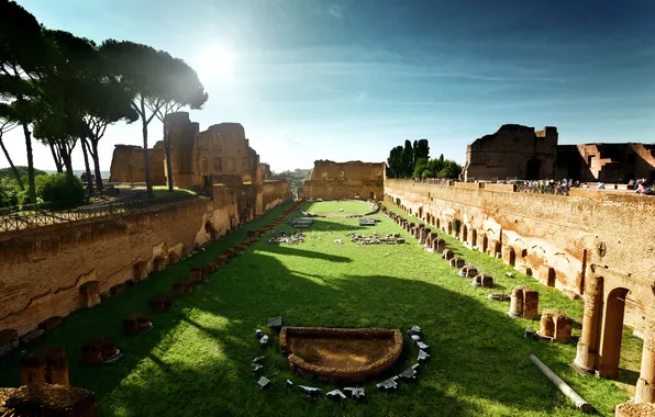 Картинка небо, солнце, деревья, тень, Рим, Колизей, Италия, архитектура