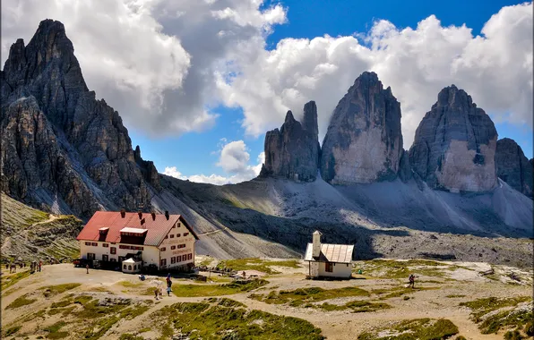 Небо, облака, горы, дом, Италия, Tre Cime Lavaredo, Paterno