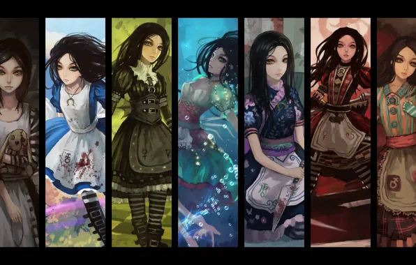 Картинка Алиса, нож, много, Alice Madness Return, Alice, полосатые чулки, брызги крови, злобный взгляд