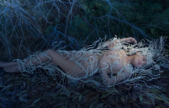 Эротика, грудь, девушка, ветки, природа, поза, фантазия, ноги