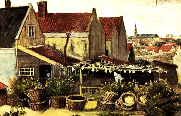 Картинка домики, кусты, корзины, Vincent van Gogh, Fish-Drying Barn