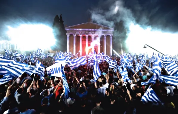 Картинка Ночь, Греция, Люди, Флаги, Много, Митинг