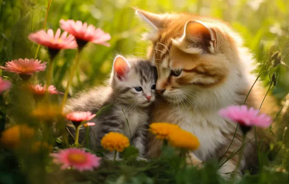Кошка, лето, кошки, цветы, котенок, серый, поляна, пара