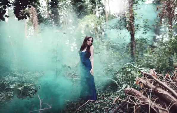 Картинка лес, девушка, дым, платье, бурелом