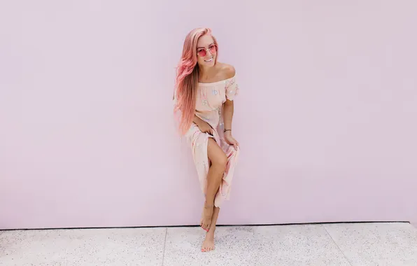 Woman, pink, romantic, hair, smiling, photoshoot
