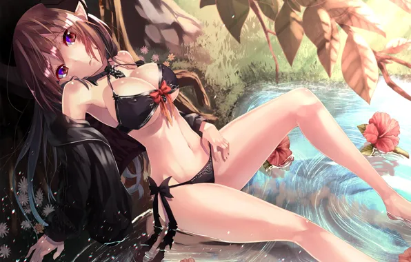Вода, девушка, цветы, природа, saraki, forte, shingeki no bahamut
