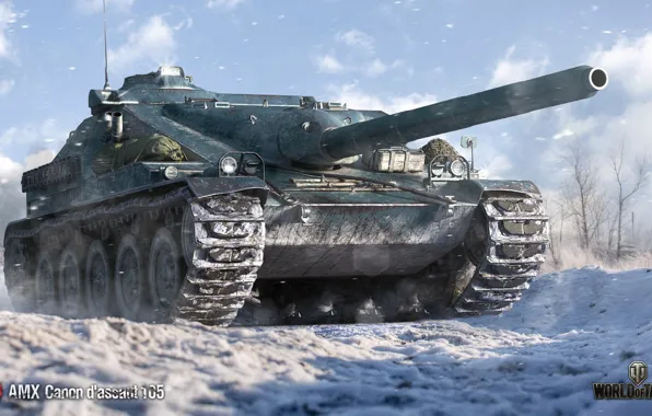 Картинка зима, снег, арт, World of Tanks, пт-сау, WOT, французская, AMX Canon d'assaut 105