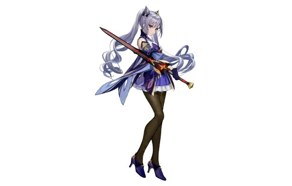 Girl, sword, long hair, dress, anime, beautiful, red eyes, pretty