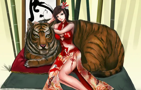 Картинка девушка, тигр, бамбук, арт, подушка, иероглиф, ytoy