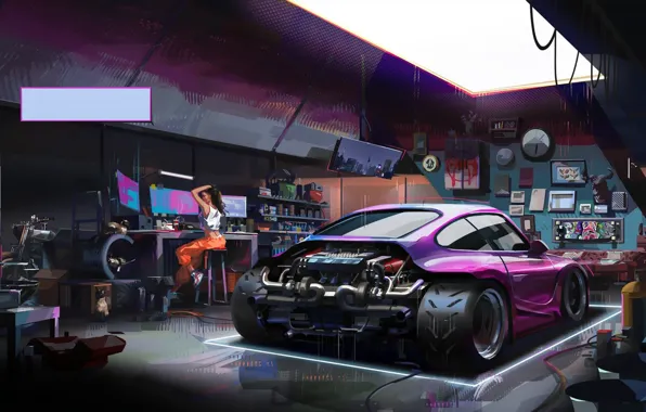Девушка, Авто, Рисунок, Porsche, Машина, Girl, Гараж, Car