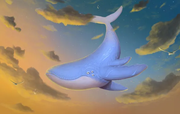 Картинка облака, арт, кит, Flying Whale, Mattia Lari