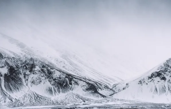 Sea, winter, mountains, fog, mist